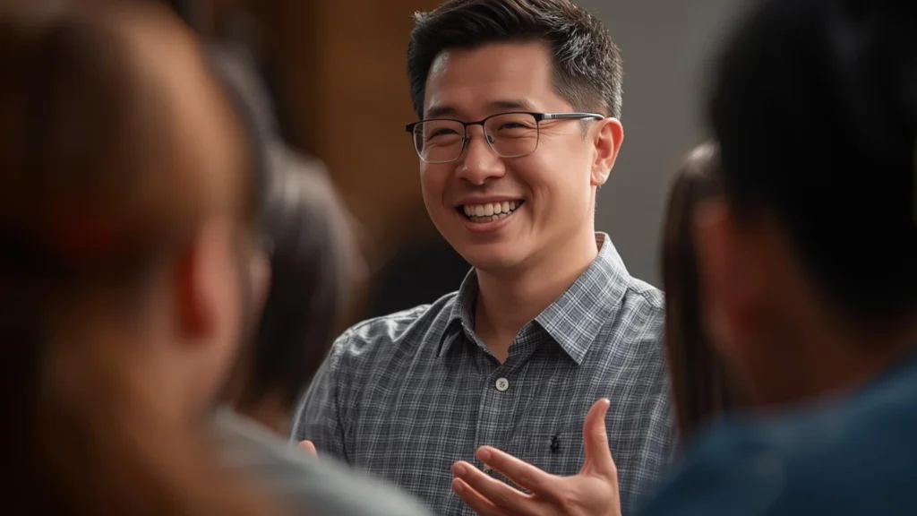 Confident speaker engaging with audience during a presentation