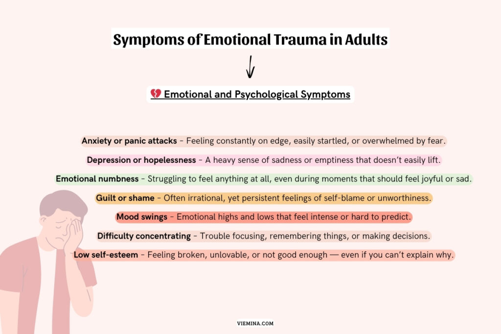 Signs of emotional trauma in adults shown through emotional and psychological symptoms like anxiety, sadness, emotional numbness, and mood swings