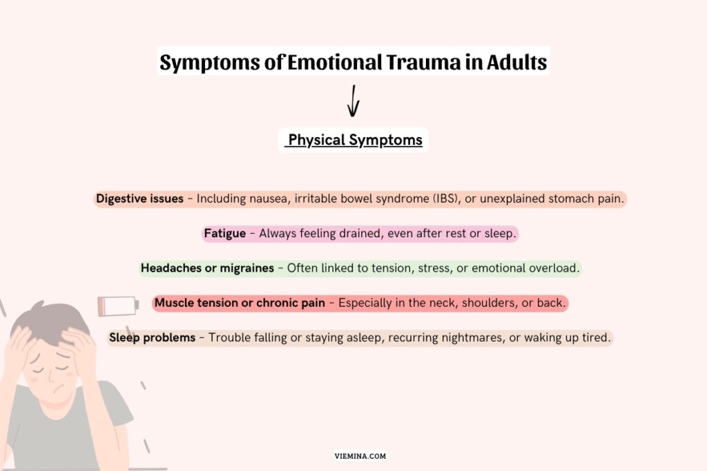 Common physical symptoms of emotional trauma in adults including fatigue, headaches, muscle tension, and sleep disturbances