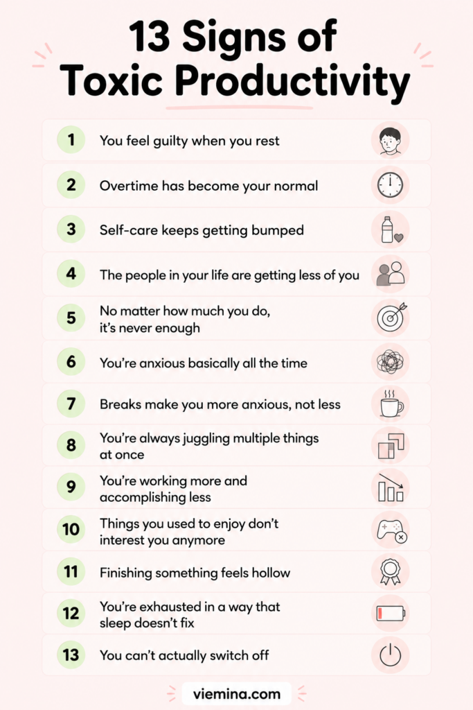 What Is Toxic Productivity? 13 Signs You’ve Crossed the Line - 13 Signs of Toxic Productivity checklist infographic listing 13 signs of toxic productivity including guilt when resting, working overtime, neglecting relationships, and chronic exhaustion