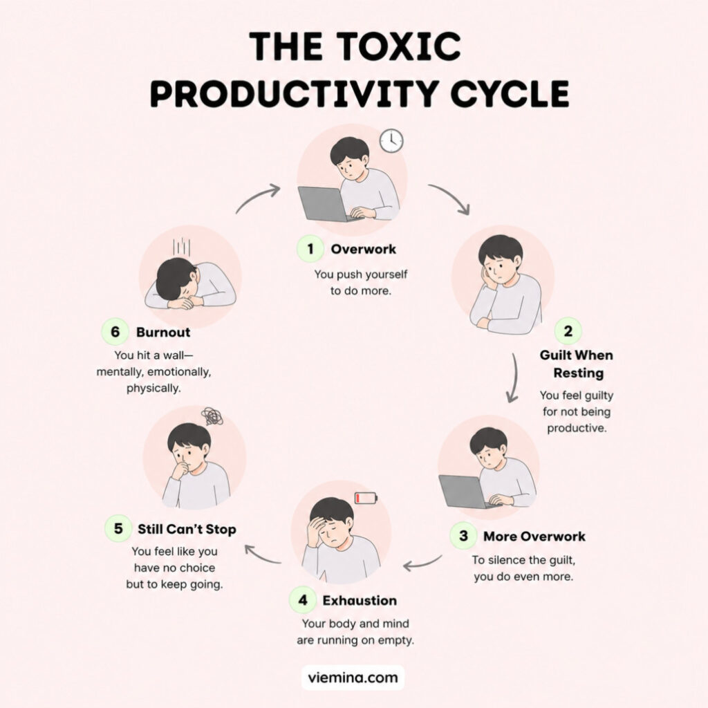 What Is Toxic Productivity? 13 Signs You’ve Crossed the Line - The Toxic Productivity Cycle circular diagram showing the toxic productivity cycle: overwork leads to guilt when resting, which leads to more overwork, then exhaustion, then burnout