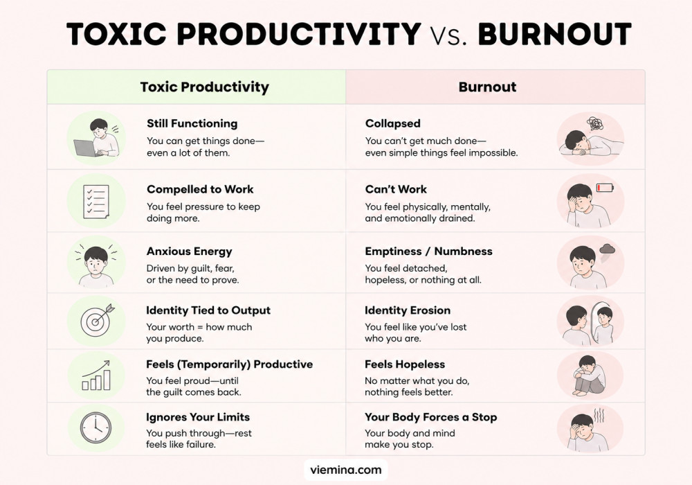 What Is Toxic Productivity? 13 Signs You’ve Crossed the Line - Toxic Productivity vs. Burnout side by side side by side comparison chart showing the differences between toxic productivity and burnout, including symptoms, energy levels, and relationship with work