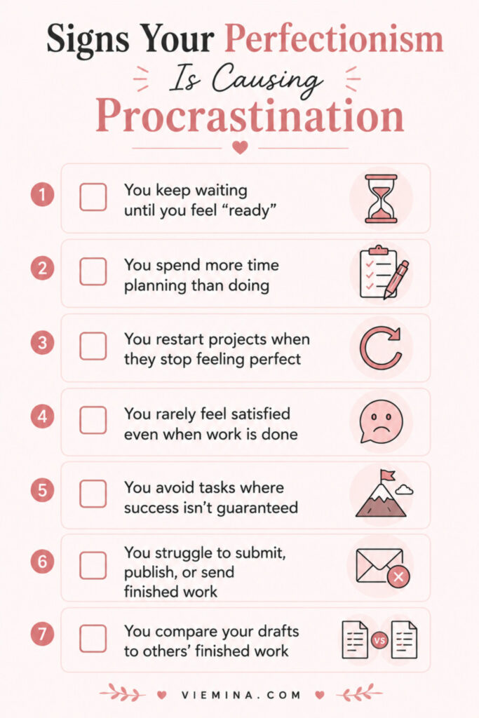Checklist infographic showing 7 signs that perfectionism is causing procrastination, including waiting to feel ready, over-preparing instead of starting, restarting projects, rarely feeling satisfied with finished work, and struggling to publish or submit