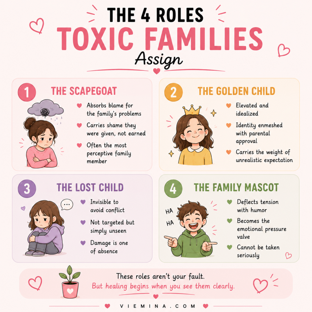 Toxic Family: 12 Signs, Effects, and How to Heal - The 4 Roles Toxic Families Assign Four-panel infographic showing the roles toxic families assign: the scapegoat who absorbs family blame, the golden child who is idealized and enmeshed, the lost child who becomes invisible, and the family mascot who deflects tension with humor