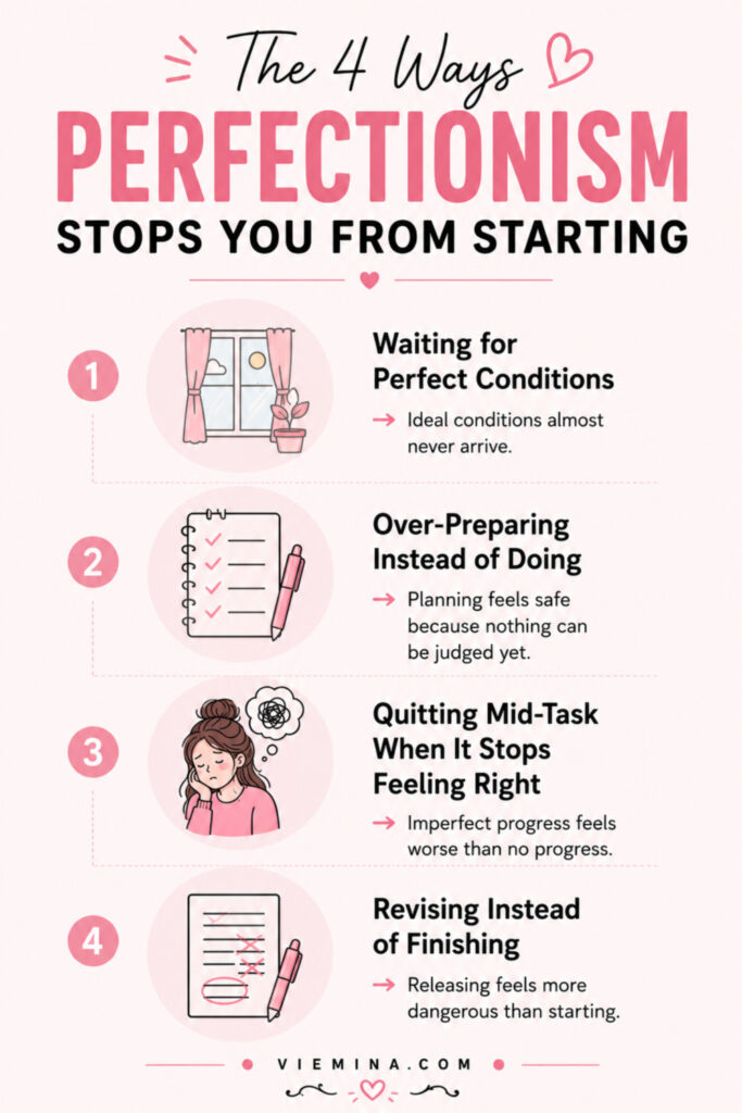 Numbered infographic listing 4 ways perfectionism blocks action: waiting for perfect conditions, over-preparing instead of doing, quitting mid-task when it stops feeling right, and endlessly revising instead of finishing