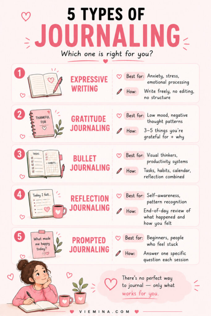 How to Start Journaling and Make It a Habit (Complete Guide) - pinterest pin about 5 Types of Journaling Which One Is Right for You Five-panel comparison infographic showing 5 types of journaling: expressive writing for anxiety and stress, gratitude journaling for low mood, bullet journaling for visual thinkers, reflection journaling for self-awareness, and prompted journaling for beginners, with best uses and format for each