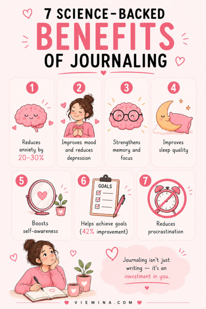 How to Start Journaling and Make It a Habit (Complete Guide) - pinterest pin about 7 Science Backed Benefits of Journaling Icon grid infographic showing 7 science-backed benefits of journaling including reducing anxiety by 20 to 30 percent, improving mood, strengthening memory, improving sleep, boosting self-awareness, increasing goal achievement by 42 percent, and reducing procrastination