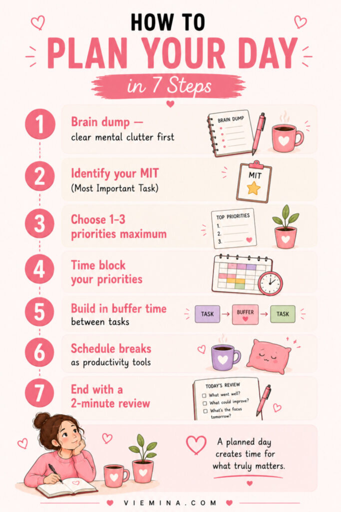 How to Plan Your Day Effectively: Complete Guide (2026) - pinterest pin about How to Plan Your Day in 7 Steps Numbered infographic showing 7 steps to plan your day effectively, including a brain dump, identifying your most important task, choosing up to three priorities, time blocking, building buffer time, scheduling breaks, and ending with a daily review