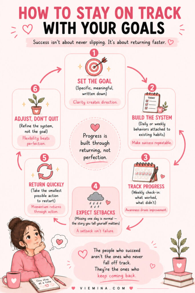 Circular flow infographic showing how to stay on track with goals through six steps: setting a specific goal, building a system, tracking progress weekly, expecting setbacks, returning quickly with small actions, and adjusting the system instead of quitting