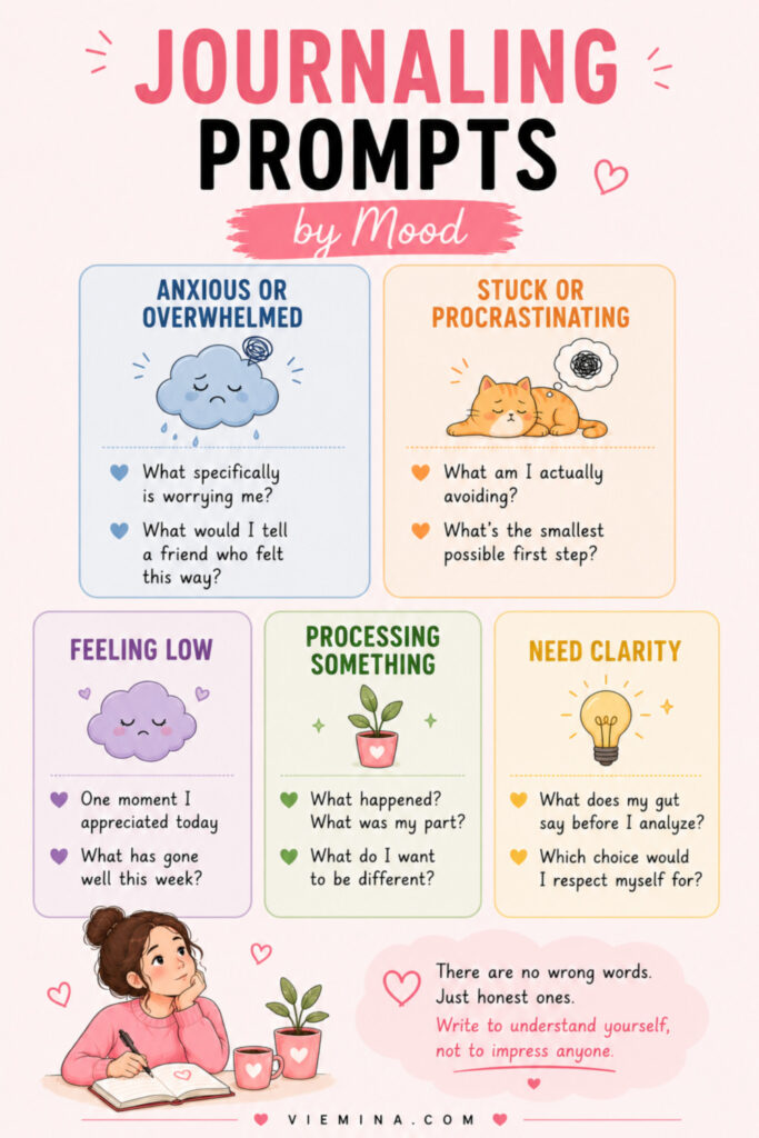 How to Start Journaling and Make It a Habit (Complete Guide) - pinterest pin about Journaling Prompts by Mood Color-coded infographic showing journaling prompts organized by emotional state, including prompts for anxiety, procrastination, low mood, processing events, and decision-making clarity