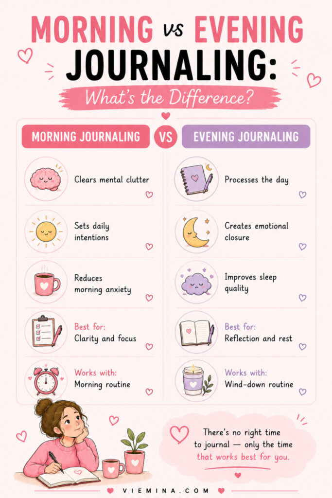 How to Start Journaling and Make It a Habit (Complete Guide) - pinterest pin about Morning vs Evening Journaling Whats the Difference Two-column comparison infographic contrasting morning journaling and evening journaling, showing that morning journaling clears mental clutter and sets intentions while evening journaling processes the day and improves sleep quality