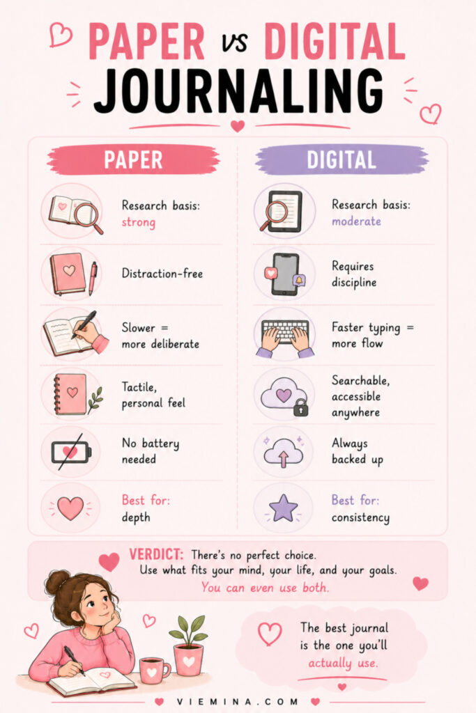How to Start Journaling and Make It a Habit (Complete Guide) - pinterest pin about Paper vs Digital Journaling Two-column comparison infographic comparing paper journaling versus digital journaling across six factors including research basis, distraction level, writing speed, accessibility, and which format is best for depth versus consistency
