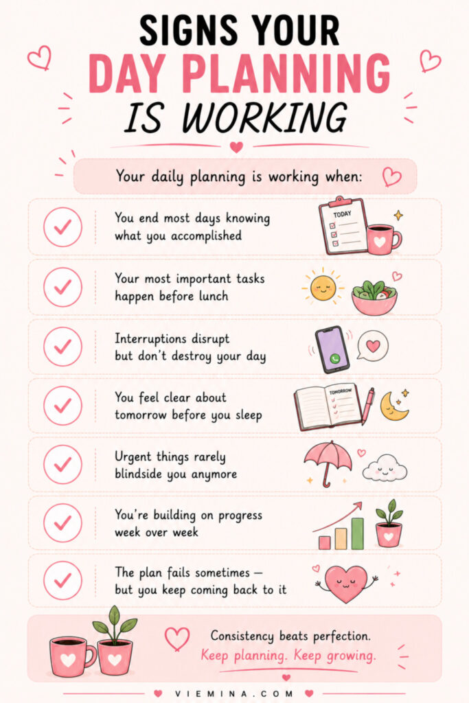 How to Plan Your Day Effectively: Complete Guide (2026) - pinterest pin about Signs Your Day Planning Is Working Checklist infographic showing 7 signs your daily planning system is working, including ending days with clarity, completing important tasks before lunch, surviving interruptions, feeling prepared for tomorrow, and returning to the plan after setbacks