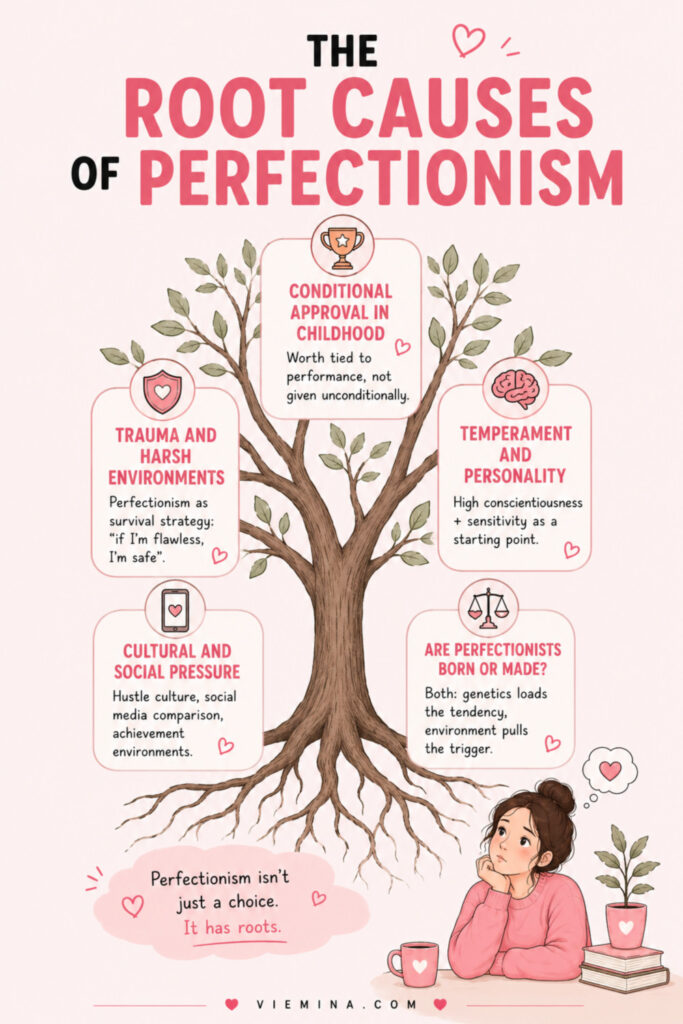 How to Overcome Perfectionism: What It Is and How to Stop It - pinterest pin about The Root Causes of Perfectionism Root diagram infographic showing the four main causes of perfectionism: conditional approval in childhood, trauma and harsh environments, temperament and personality traits, and cultural and social pressure, with a note that perfectionists are both born and made