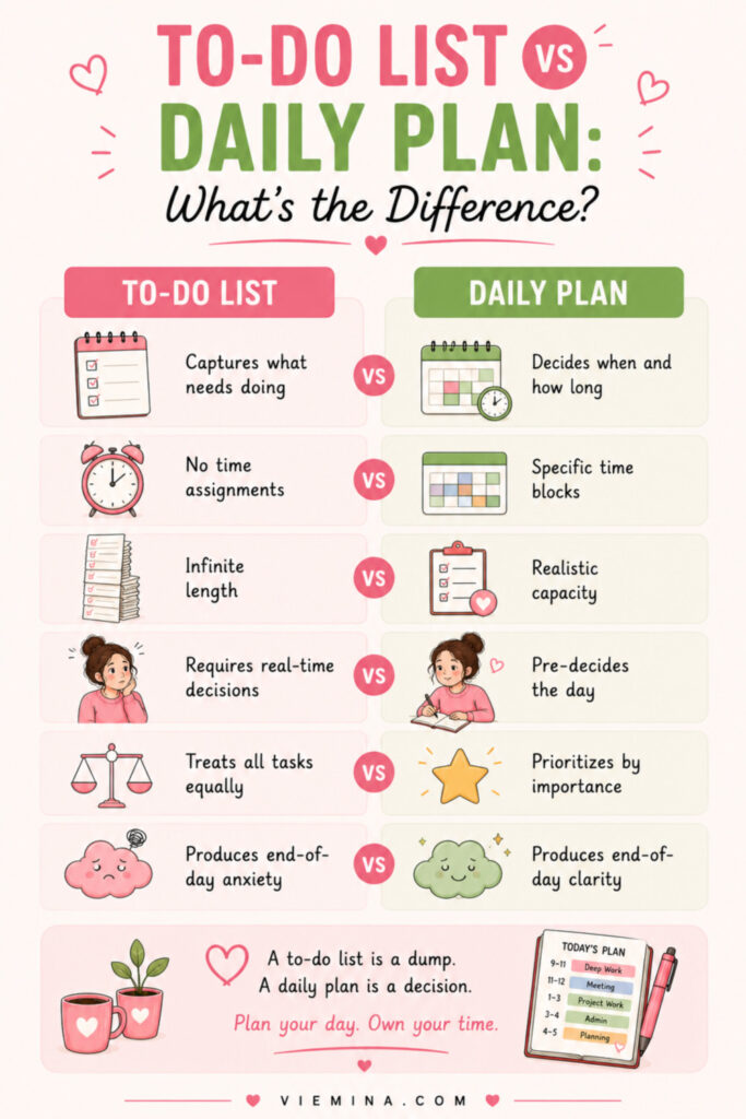 How to Plan Your Day Effectively: Complete Guide (2026) - pinterest pin about To Do List vs Daily Plan Whats the Difference Two-column comparison infographic contrasting a to-do list with a daily plan, showing that a to-do list captures tasks without time assignments while a daily plan pre-decides when tasks happen, prioritizes by importance, and produces clarity rather than anxiety at day's end