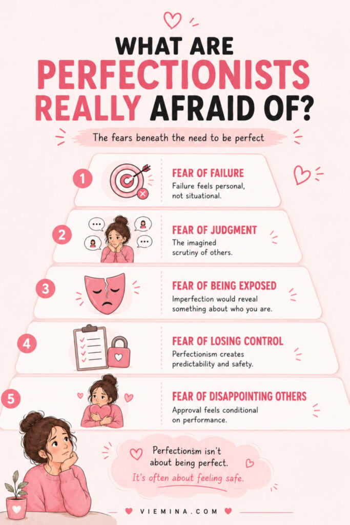 How to Overcome Perfectionism: What It Is and How to Stop It - pinterest pin about What Are Perfectionists Really Afraid Of Vertical infographic listing 5 fears that drive perfectionism: fear of failure, fear of judgment, fear of being exposed, fear of losing control, and fear of disappointing others, each with a one-line explanation of how it fuels perfectionist behavior
