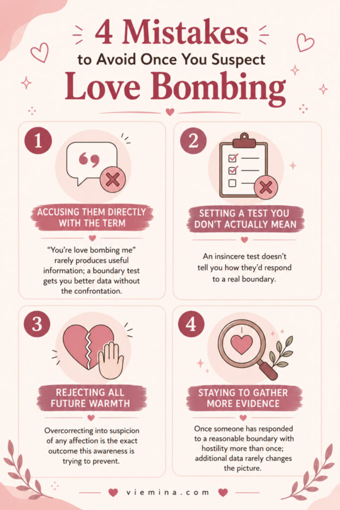 Love Bombing or Real Love? Here's How to Tell - 4 Mistakes to Avoid Once You Suspect Love Bombing Four-panel infographic showing mistakes to avoid once you suspect love bombing: accusing them directly with the term, setting a test you don't mean, overcorrecting into rejecting all future warmth, and staying to gather more evidence after the pattern is already clear
