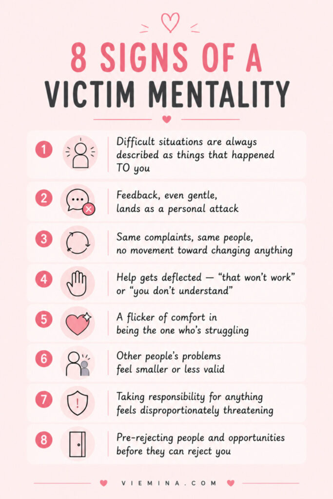 What Is a Victim Mentality? Signs, Causes & How to Move On - 8 Signs of a Victim Mentality Numbered checklist infographic showing 8 signs of a victim mentality including deflecting help, describing situations as things that happened to you, finding comfort in struggle, and taking responsibility feeling threatening