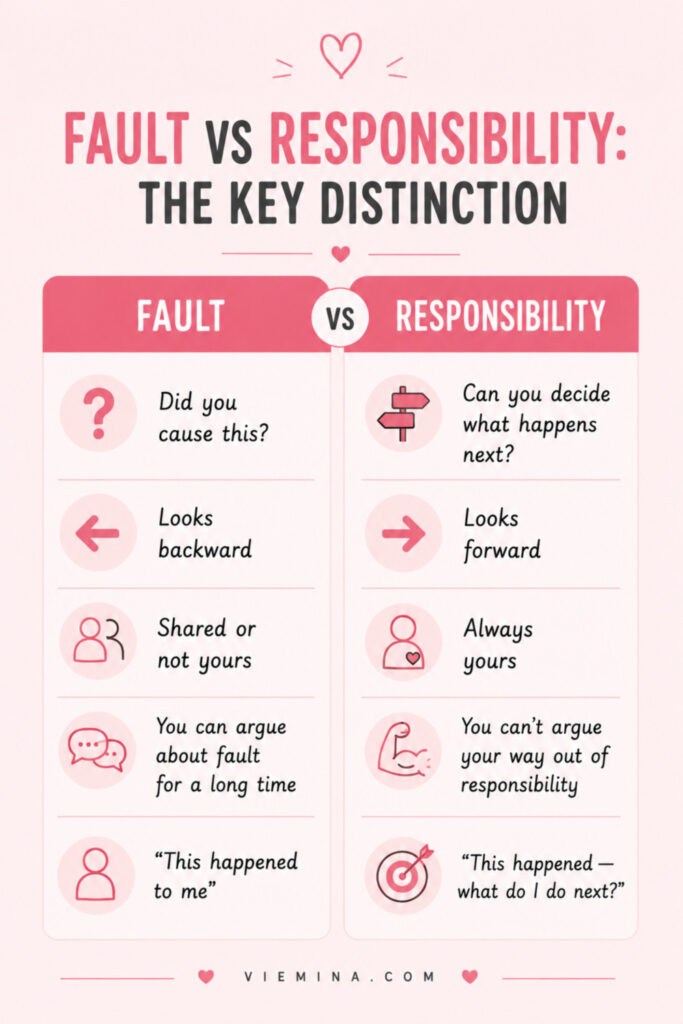 What Is a Victim Mentality? Signs, Causes & How to Move On - Fault vs Responsibility The Key Distinction Two-panel contrast infographic distinguishing fault from responsibility, showing that fault looks backward at cause while responsibility looks forward at available choices, and that the two can exist independently of each other