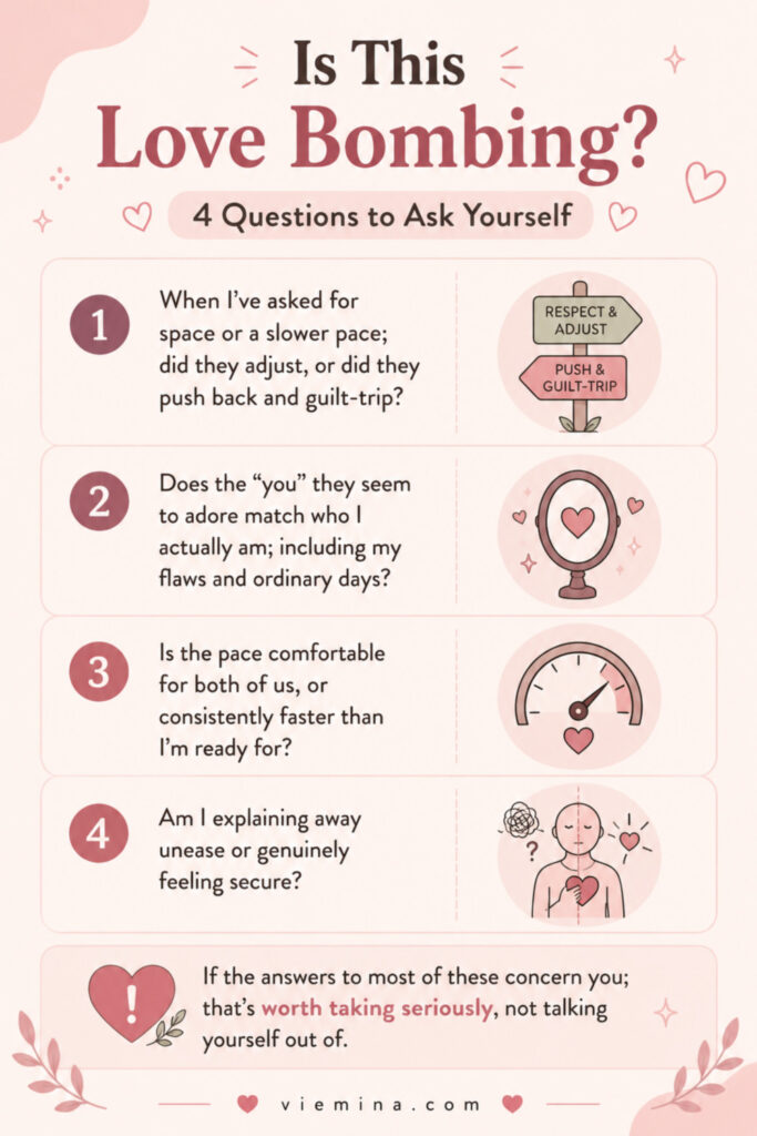 Love Bombing or Real Love? Here's How to Tell - Is This Love Bombing 4 Questions to Ask Yourself Four-question decision guide infographic for identifying love bombing, asking whether boundaries were respected, whether the adoration matches your real self, whether the pace is comfortable for both people, and whether underlying unease is being explained away
