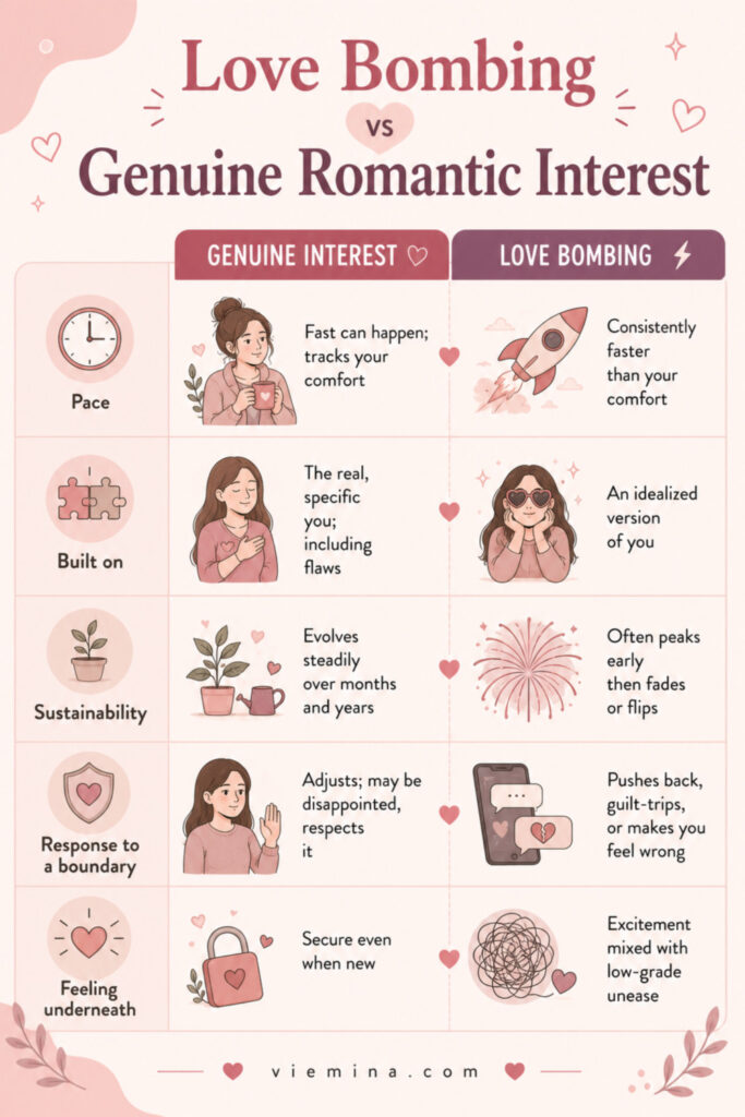 Love Bombing or Real Love? Here's How to Tell - Love Bombing vs Genuine Romantic Interest Five-row comparison infographic showing the difference between genuine romantic interest and love bombing across five factors: pace, what the relationship is built on, sustainability over time, response to a boundary, and the underlying emotional feeling