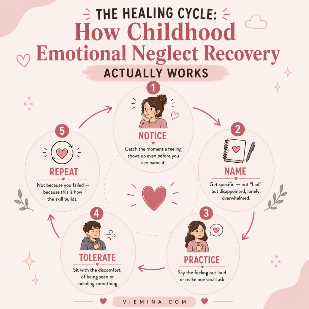 Childhood Emotional Neglect: The Invisible Wound - The Healing Cycle How childhood emotional neglect Recovery Actually Works Circular diagram showing the five-stage healing cycle for childhood emotional neglect: notice a feeling, name it specifically, practice expressing it, tolerate the discomfort of being seen, and repeat the cycle as a skill-building process