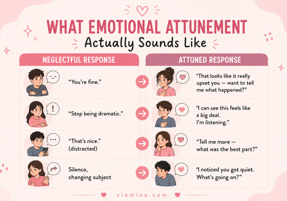 Childhood Emotional Neglect: The Invisible Wound - What Emotional Attunement Actually Sounds Like Side-by-side comparison infographic showing neglectful parental responses alongside emotionally attuned alternatives, illustrating the difference between dismissing a child's feelings and genuinely noticing and responding to them