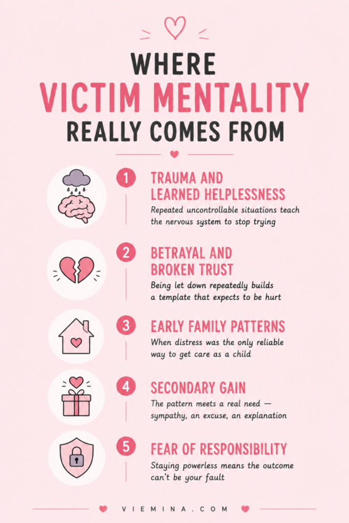 What Is a Victim Mentality? Signs, Causes & How to Move On - Where Victim Mentality Really Comes From Five-icon infographic showing the five root causes of victim mentality: trauma and learned helplessness, betrayal and broken trust, early family patterns where distress got attention, secondary gain from the pattern, and fear of taking responsibility for outcomes