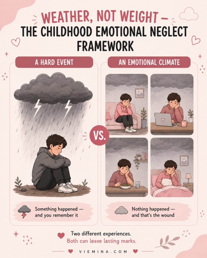 Childhood Emotional Neglect: The Invisible Wound - pinterest pin about Weather Not Weight The childhood emotional neglect Framework Two-panel illustration comparing a single hard event represented as a storm cloud to childhood emotional neglect represented as a consistently overcast emotional climate with no single dramatic incident, showing that the absence of attunement is the wound rather than a specific harmful event