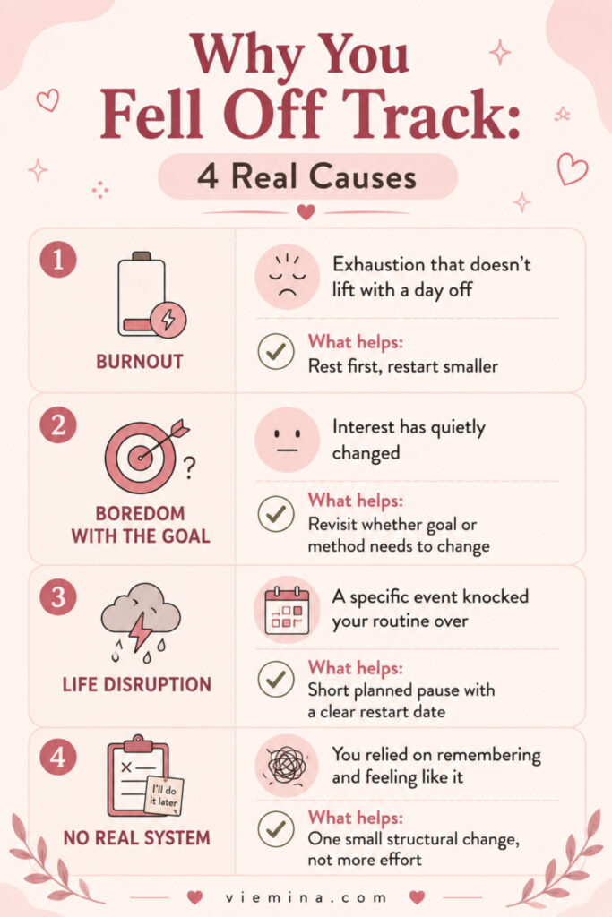 How to Stay on Track (Even on the Hard Days) - Why You Fell Off Track 4 Real Causes Four-row infographic showing the real causes of falling off track including burnout, boredom with the goal, life disruption, and no real system, with what actually helps for each cause rather than generic discipline advice